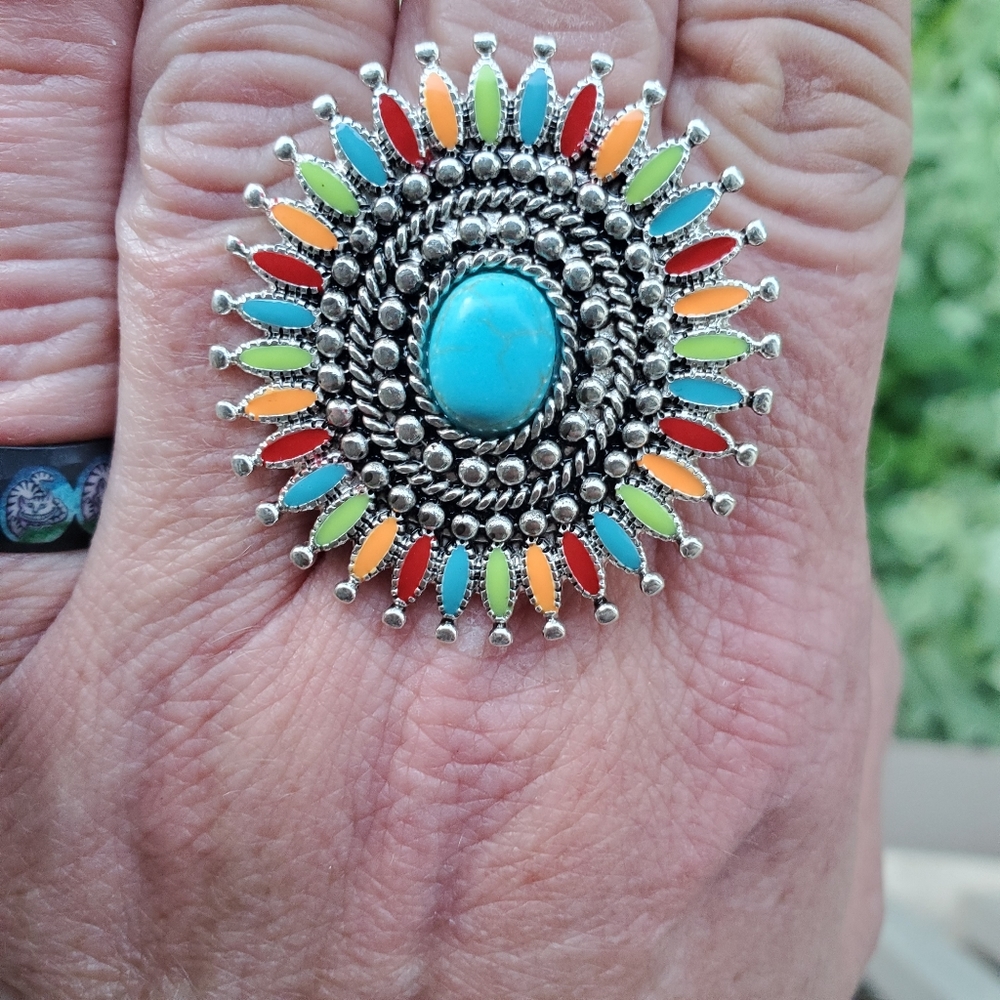 rainbow Turquoise beaded Sunburst Free Spirit Native People ring NWT